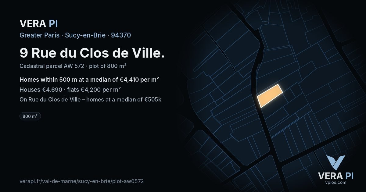 9 Rue du Clos de Ville, Sucy-en-Brie at night – the plot lit, the parcels around coloured by the prices near them