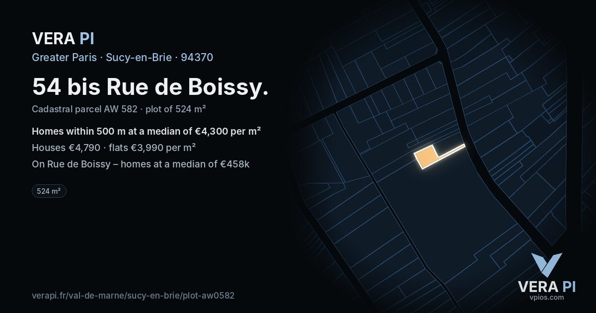 54 bis Rue de Boissy, Sucy-en-Brie at night – the plot lit, the parcels around coloured by the prices near them