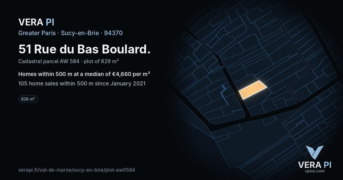 51 Rue du Bas Boulard, Sucy-en-Brie at night – the plot lit, the parcels around coloured by the prices near them