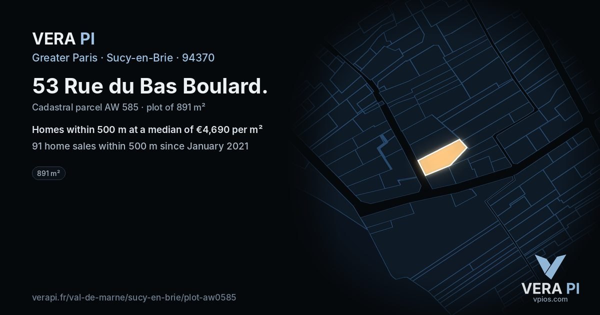 53 Rue du Bas Boulard, Sucy-en-Brie at night – the plot lit, the parcels around coloured by the prices near them
