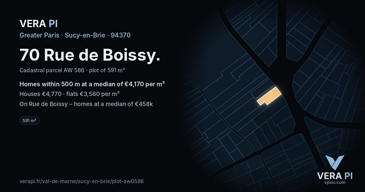 70 Rue de Boissy, Sucy-en-Brie at night – the plot lit, the parcels around coloured by the prices near them