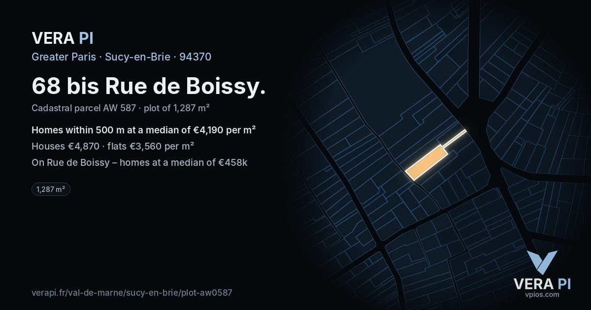 68 bis Rue de Boissy, Sucy-en-Brie at night – the plot lit, the parcels around coloured by the prices near them