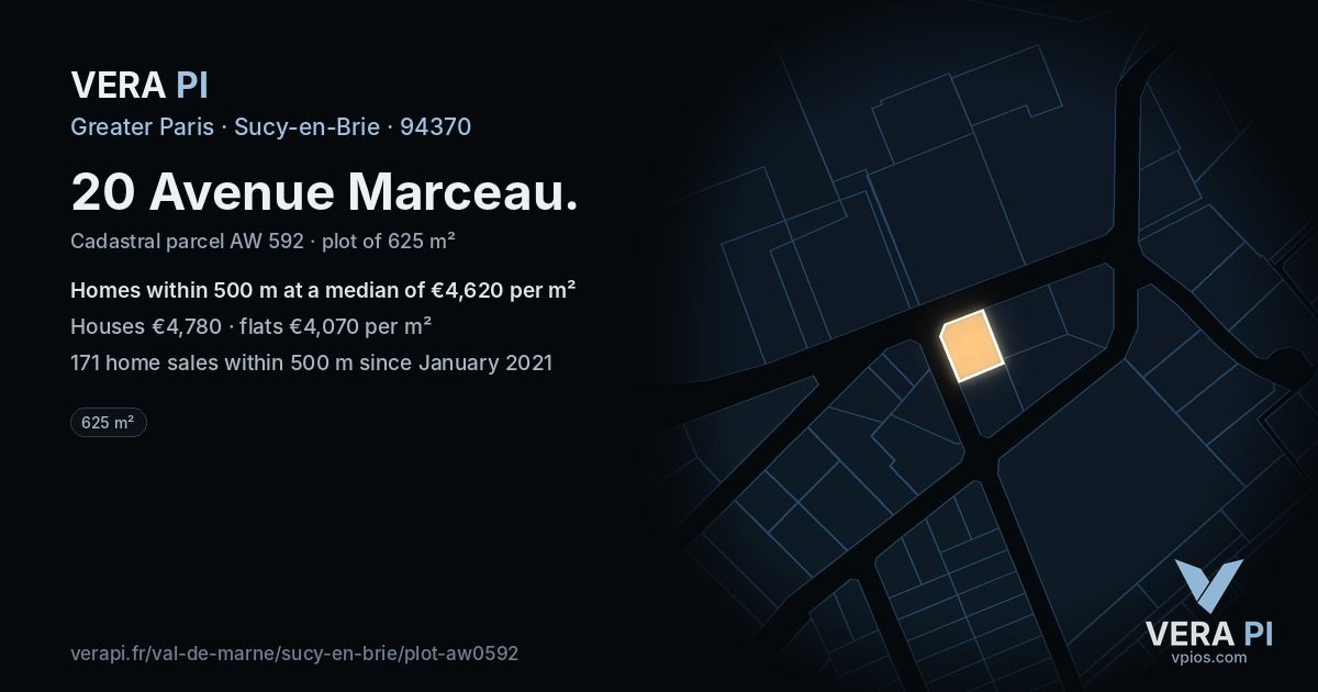 20 Avenue Marceau, Sucy-en-Brie at night – the plot lit, the parcels around coloured by the prices near them
