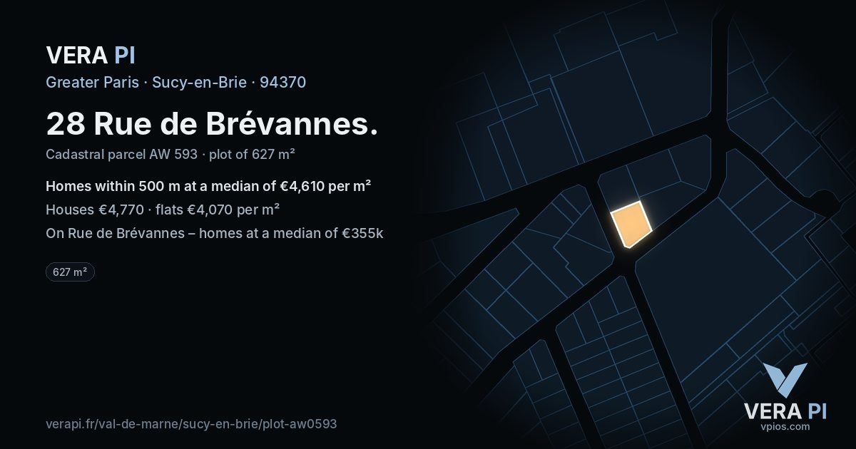 28 Rue de Brévannes, Sucy-en-Brie at night – the plot lit, the parcels around coloured by the prices near them