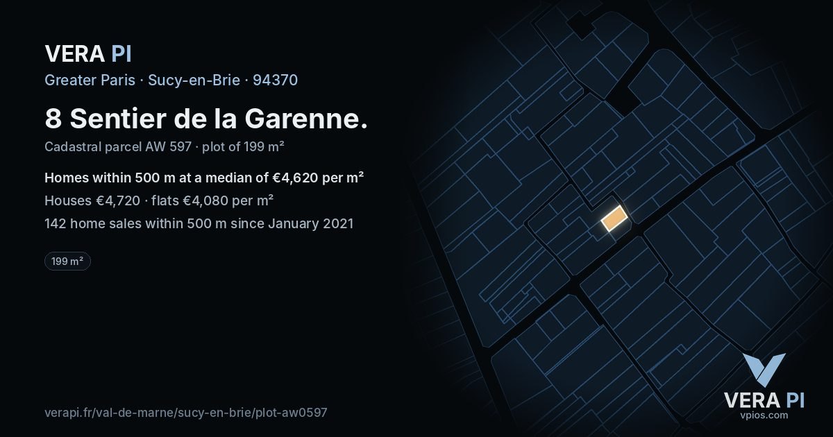 8 Sentier de la Garenne, Sucy-en-Brie at night – the plot lit, the parcels around coloured by the prices near them