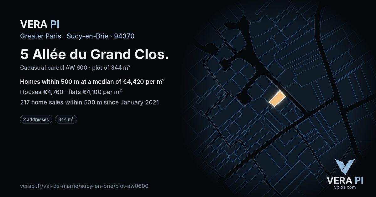 5 Allée du Grand Clos, Sucy-en-Brie at night – the plot lit, the parcels around coloured by the prices near them