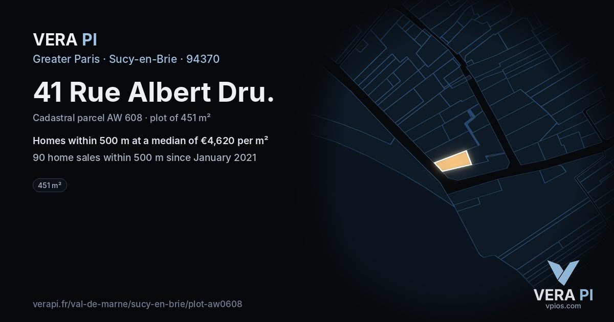 41 Rue Albert Dru, Sucy-en-Brie at night – the plot lit, the parcels around coloured by the prices near them