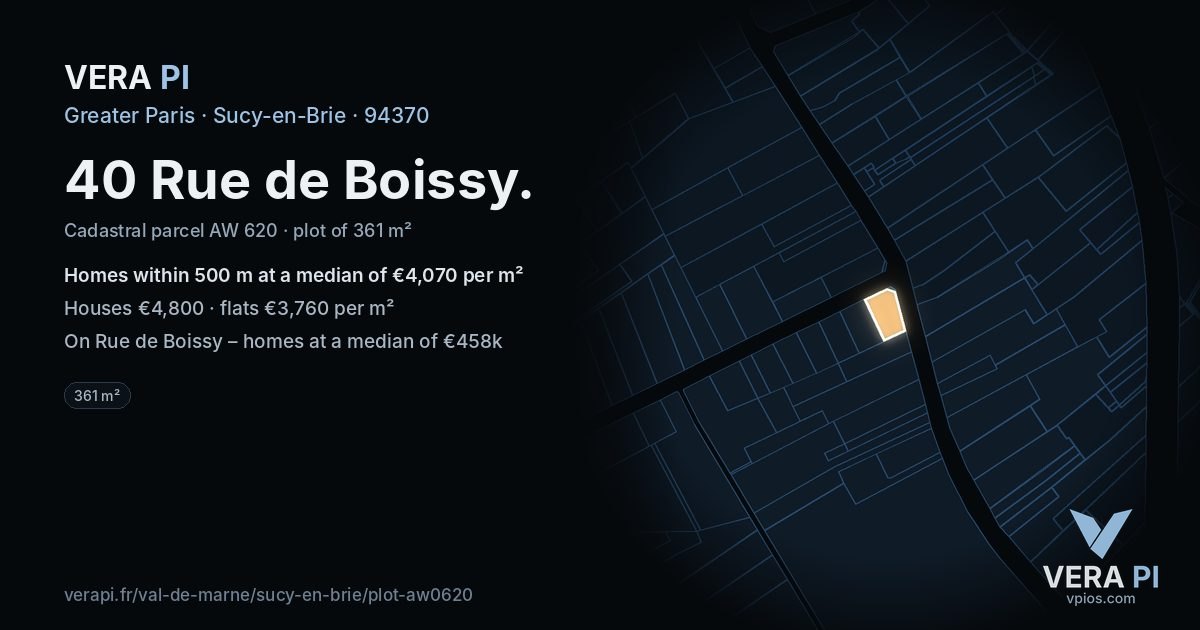 40 Rue de Boissy, Sucy-en-Brie at night – the plot lit, the parcels around coloured by the prices near them