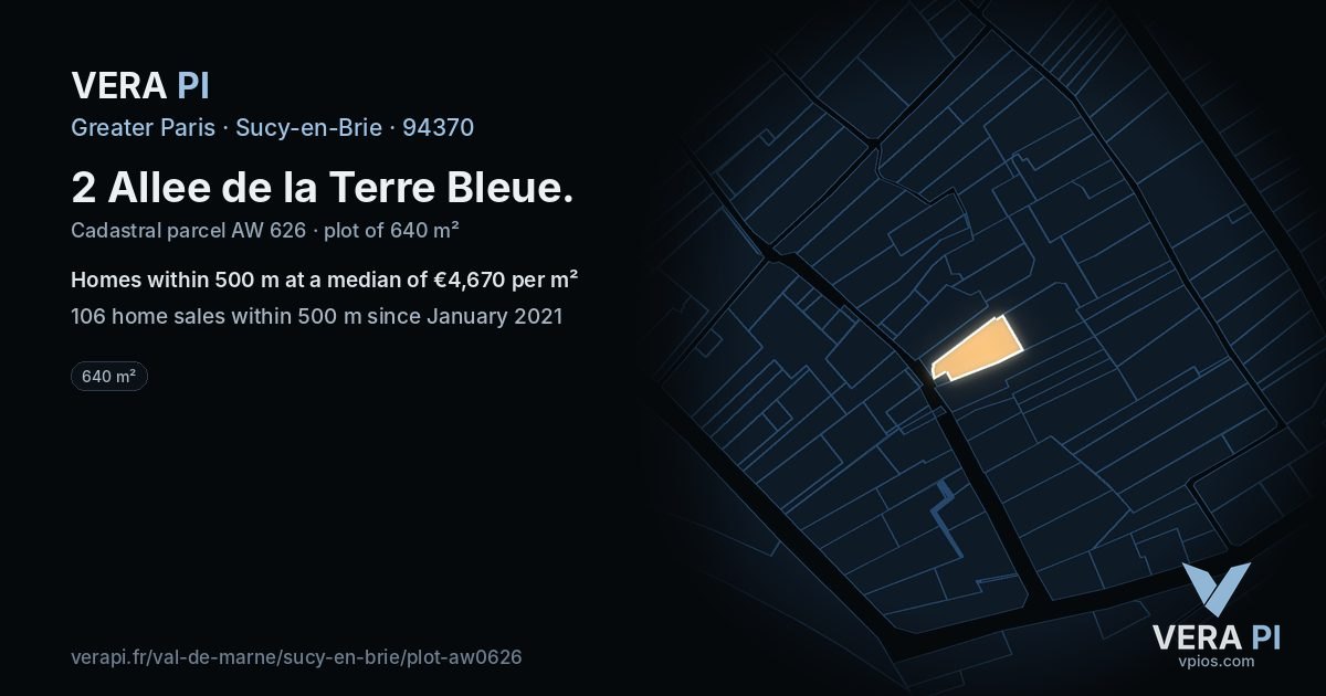 2 Allee de la Terre Bleue, Sucy-en-Brie at night – the plot lit, the parcels around coloured by the prices near them
