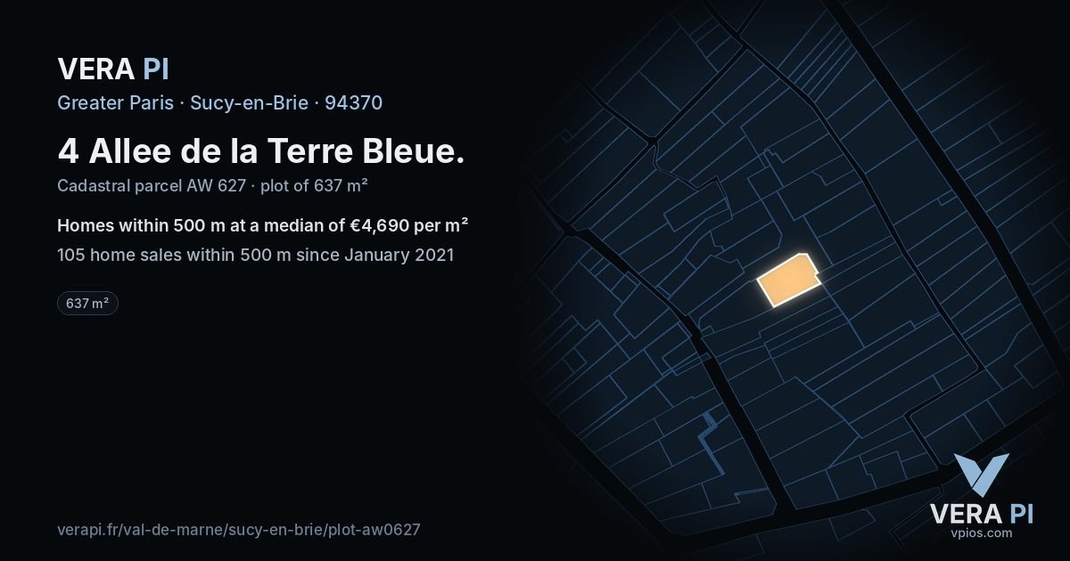 4 Allee de la Terre Bleue, Sucy-en-Brie at night – the plot lit, the parcels around coloured by the prices near them