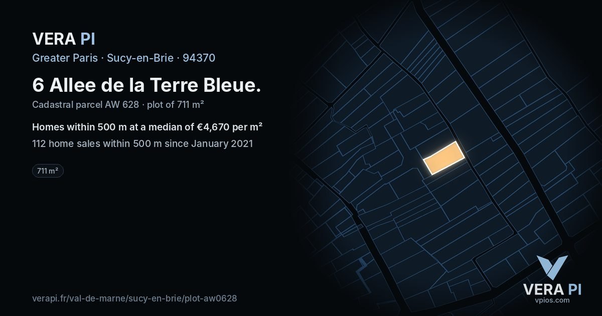 6 Allee de la Terre Bleue, Sucy-en-Brie at night – the plot lit, the parcels around coloured by the prices near them