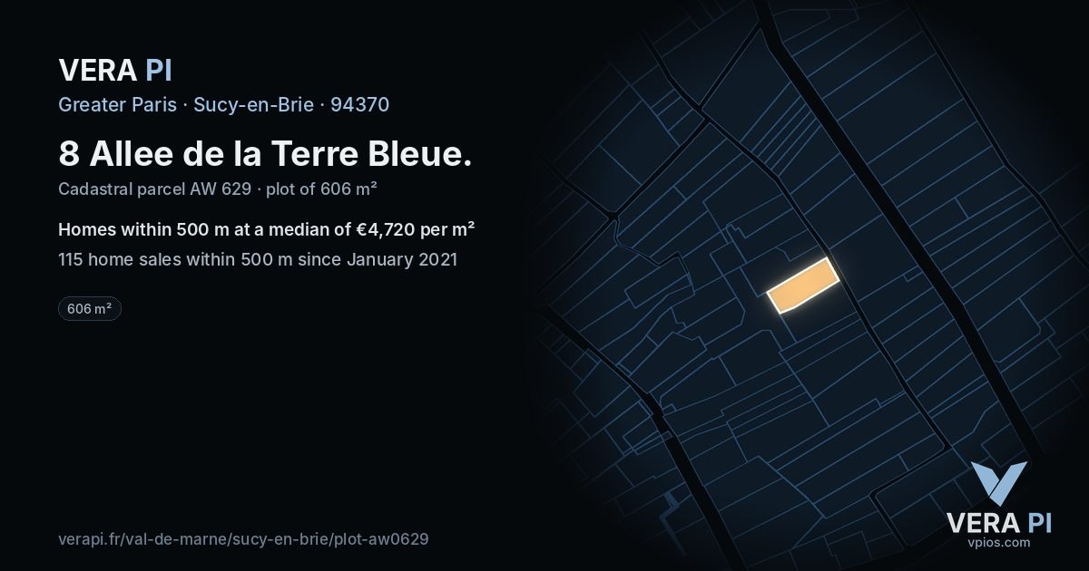 8 Allee de la Terre Bleue, Sucy-en-Brie at night – the plot lit, the parcels around coloured by the prices near them