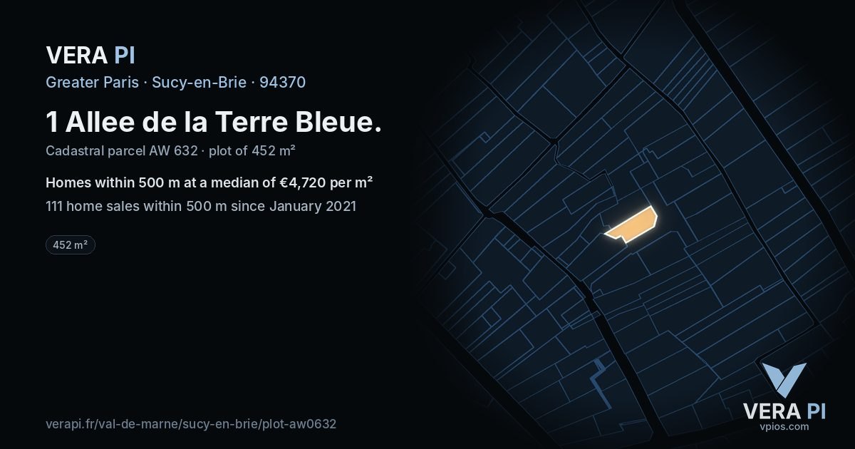 1 Allee de la Terre Bleue, Sucy-en-Brie at night – the plot lit, the parcels around coloured by the prices near them