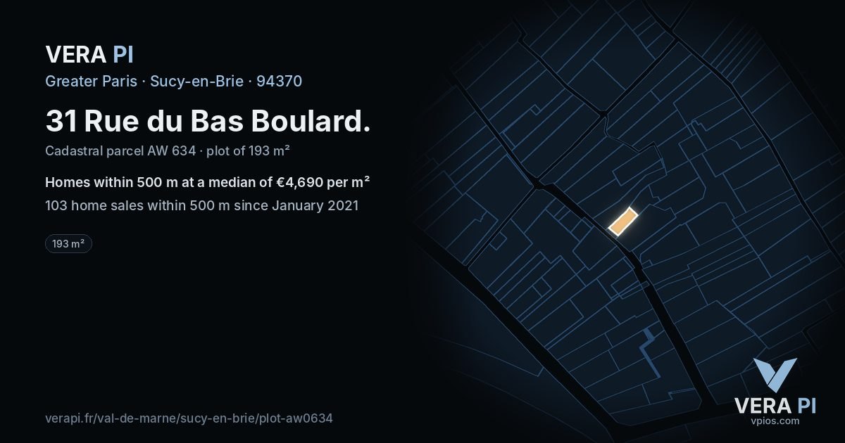 31 Rue du Bas Boulard, Sucy-en-Brie at night – the plot lit, the parcels around coloured by the prices near them