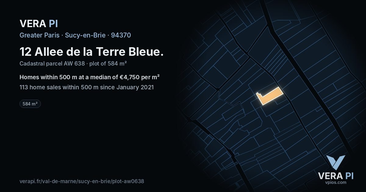12 Allee de la Terre Bleue, Sucy-en-Brie at night – the plot lit, the parcels around coloured by the prices near them