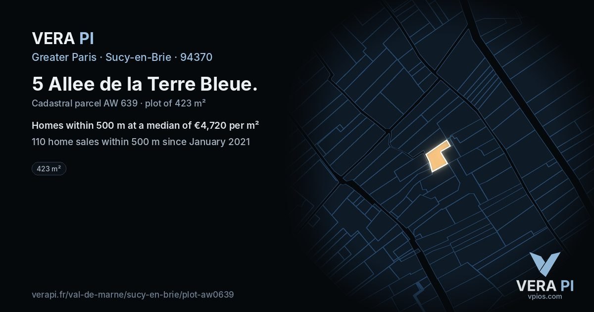 5 Allee de la Terre Bleue, Sucy-en-Brie at night – the plot lit, the parcels around coloured by the prices near them