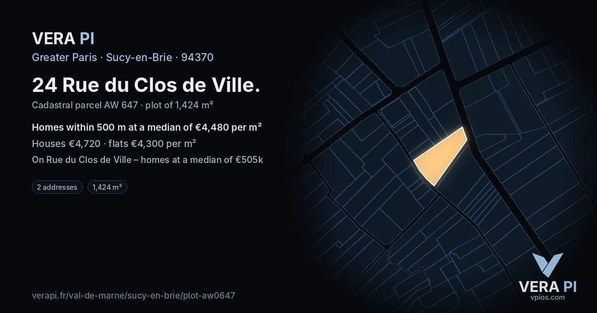 24 Rue du Clos de Ville, Sucy-en-Brie at night – the plot lit, the parcels around coloured by the prices near them