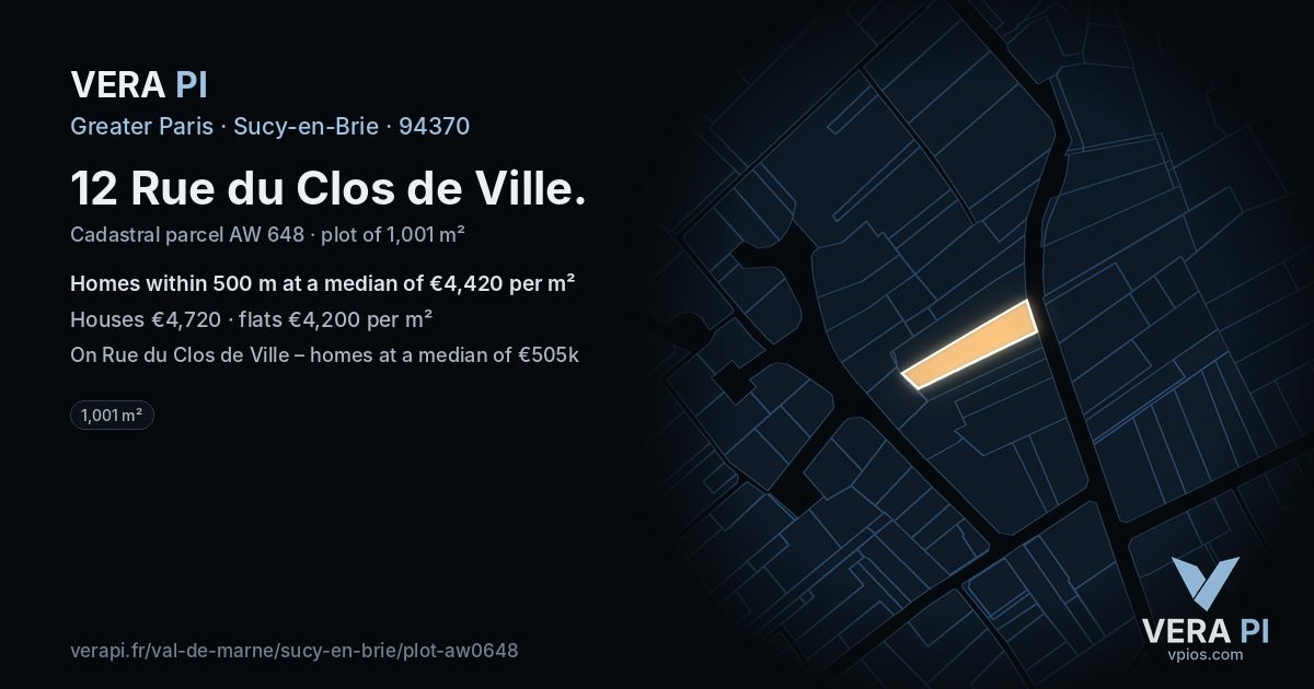 12 Rue du Clos de Ville, Sucy-en-Brie at night – the plot lit, the parcels around coloured by the prices near them