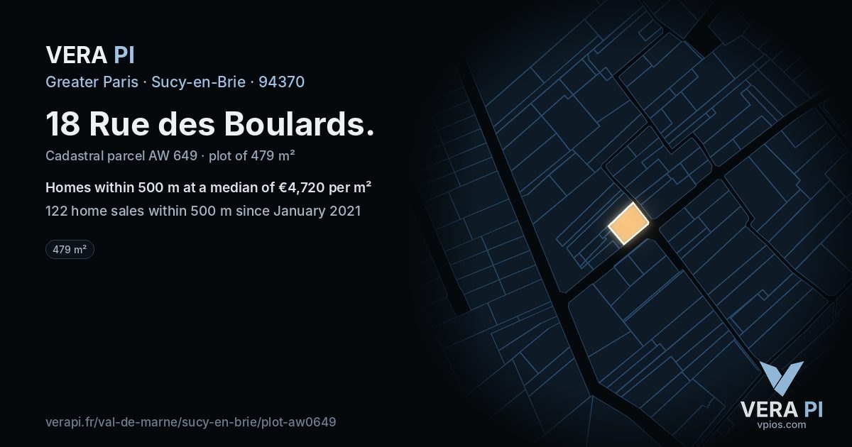 18 Rue des Boulards, Sucy-en-Brie at night – the plot lit, the parcels around coloured by the prices near them