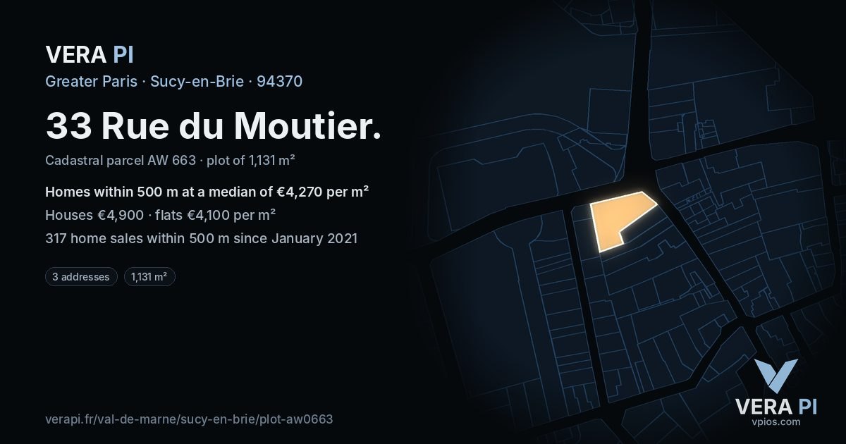 33 Rue du Moutier, Sucy-en-Brie at night – the plot lit, the parcels around coloured by the prices near them