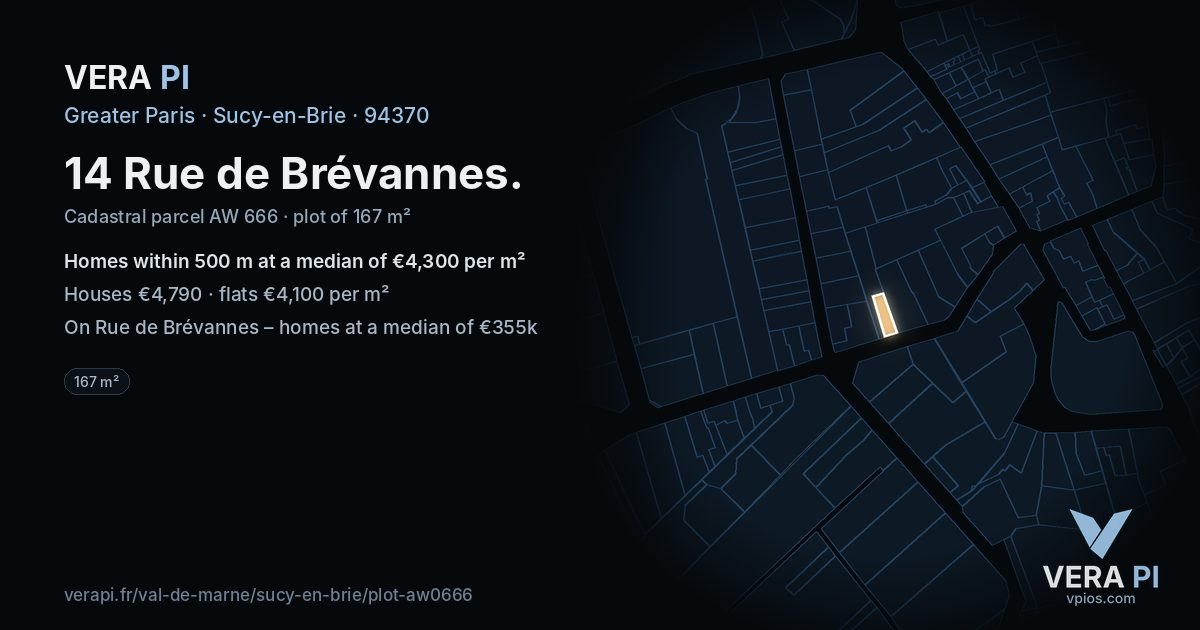 14 Rue de Brévannes, Sucy-en-Brie at night – the plot lit, the parcels around coloured by the prices near them
