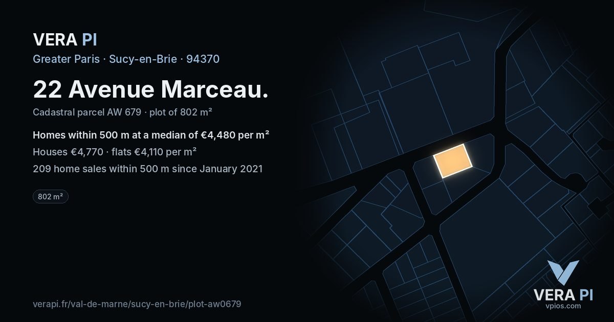 22 Avenue Marceau, Sucy-en-Brie at night – the plot lit, the parcels around coloured by the prices near them