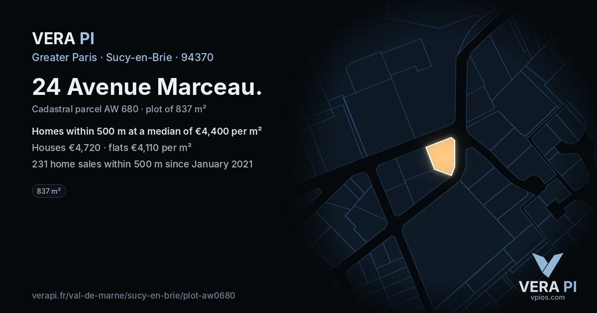 24 Avenue Marceau, Sucy-en-Brie at night – the plot lit, the parcels around coloured by the prices near them