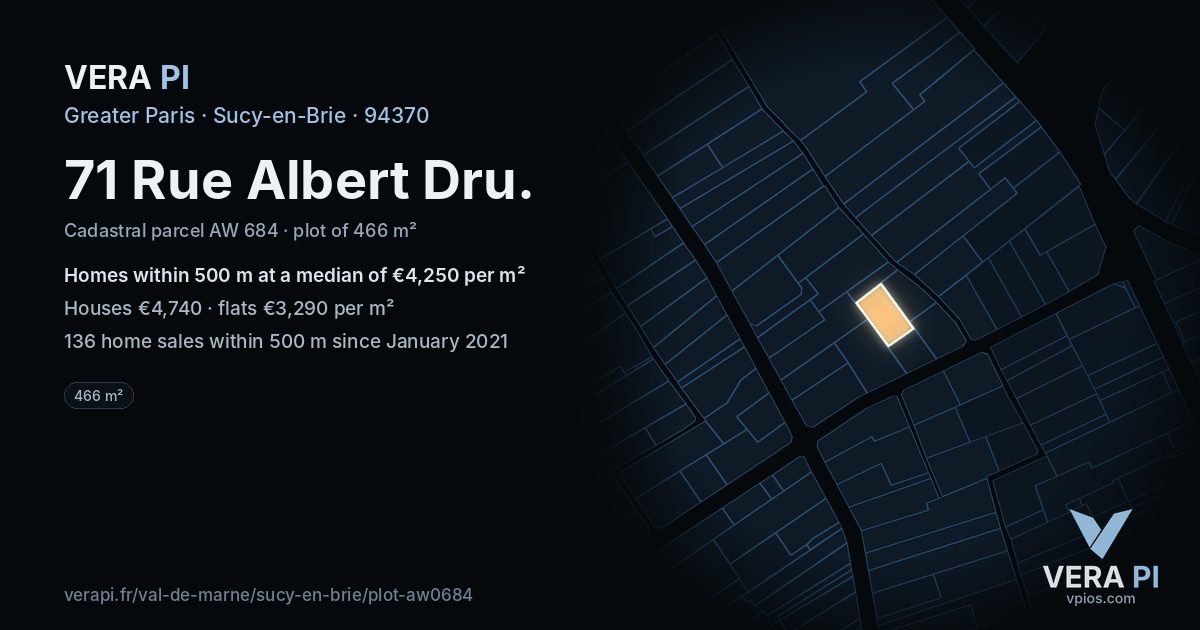 71 Rue Albert Dru, Sucy-en-Brie at night – the plot lit, the parcels around coloured by the prices near them