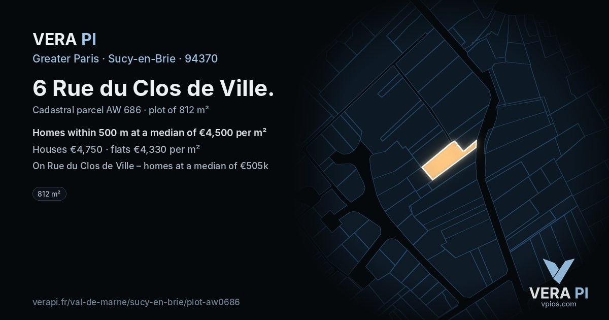 6 Rue du Clos de Ville, Sucy-en-Brie at night – the plot lit, the parcels around coloured by the prices near them