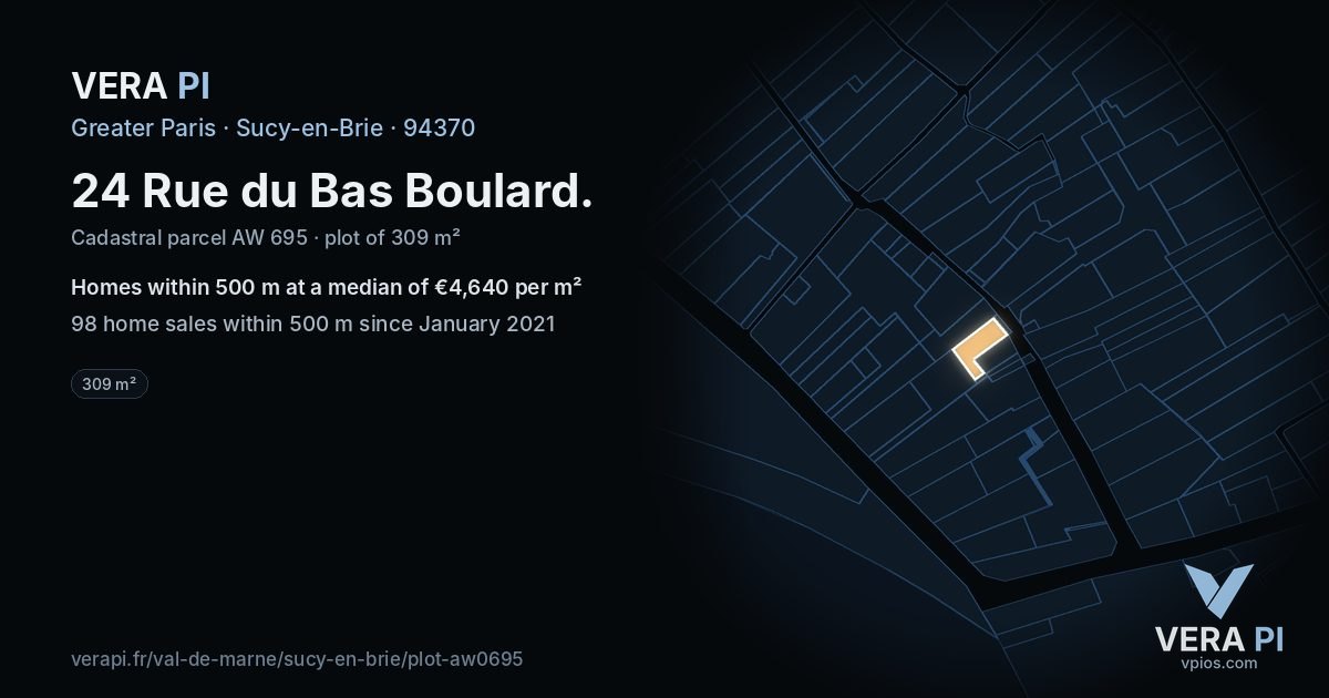 24 Rue du Bas Boulard, Sucy-en-Brie at night – the plot lit, the parcels around coloured by the prices near them