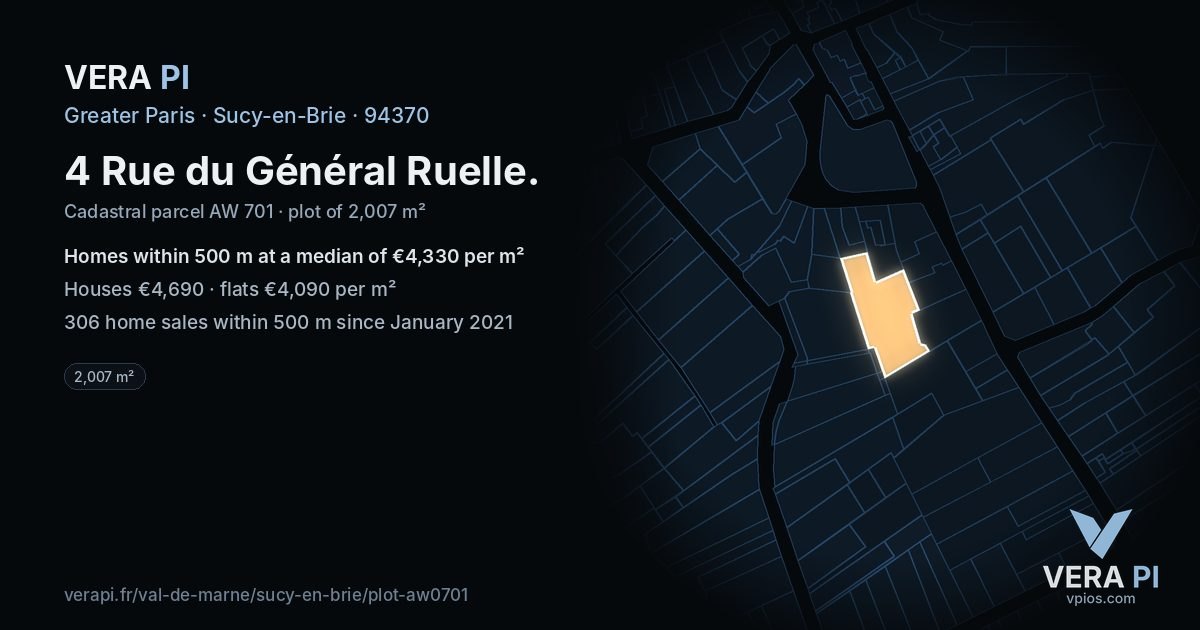 4 Rue du Général Ruelle, Sucy-en-Brie at night – the plot lit, the parcels around coloured by the prices near them