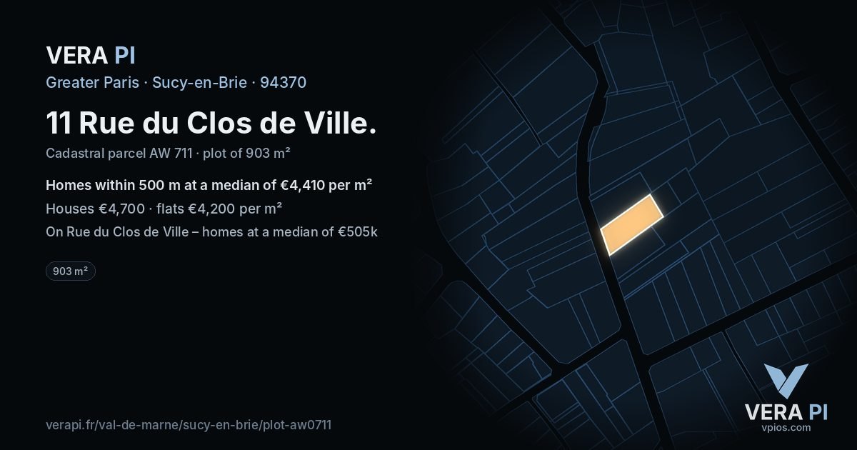 11 Rue du Clos de Ville, Sucy-en-Brie at night – the plot lit, the parcels around coloured by the prices near them