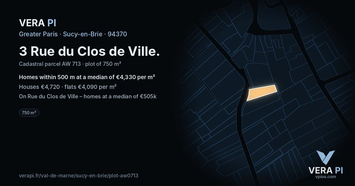 3 Rue du Clos de Ville, Sucy-en-Brie at night – the plot lit, the parcels around coloured by the prices near them