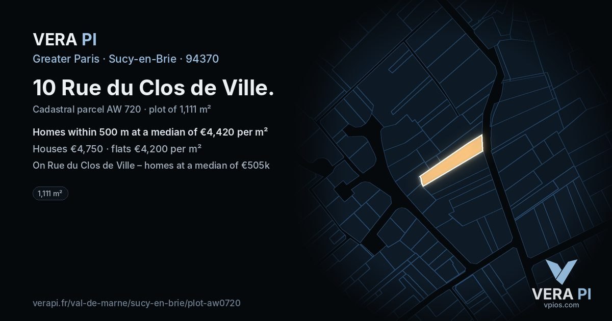 10 Rue du Clos de Ville, Sucy-en-Brie at night – the plot lit, the parcels around coloured by the prices near them