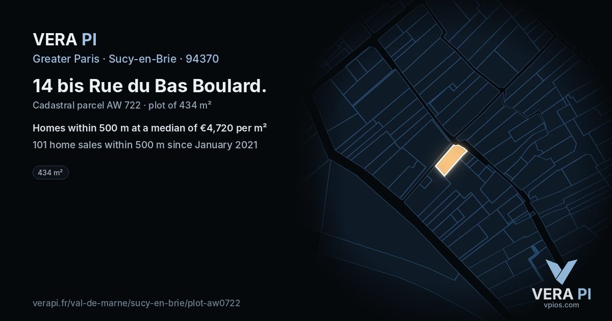 14 bis Rue du Bas Boulard, Sucy-en-Brie at night – the plot lit, the parcels around coloured by the prices near them