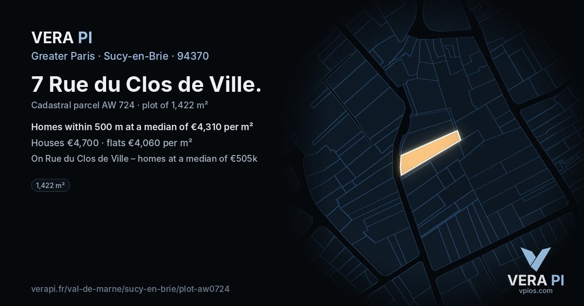 7 Rue du Clos de Ville, Sucy-en-Brie at night – the plot lit, the parcels around coloured by the prices near them