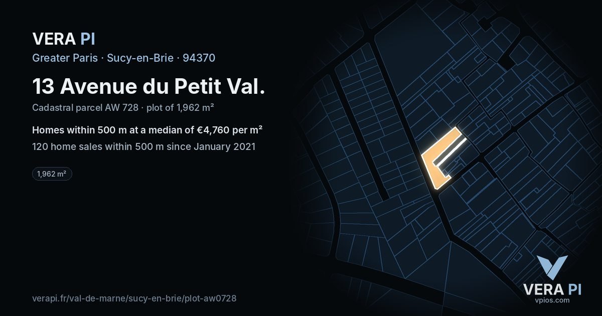 13 Avenue du Petit Val, Sucy-en-Brie at night – the plot lit, the parcels around coloured by the prices near them