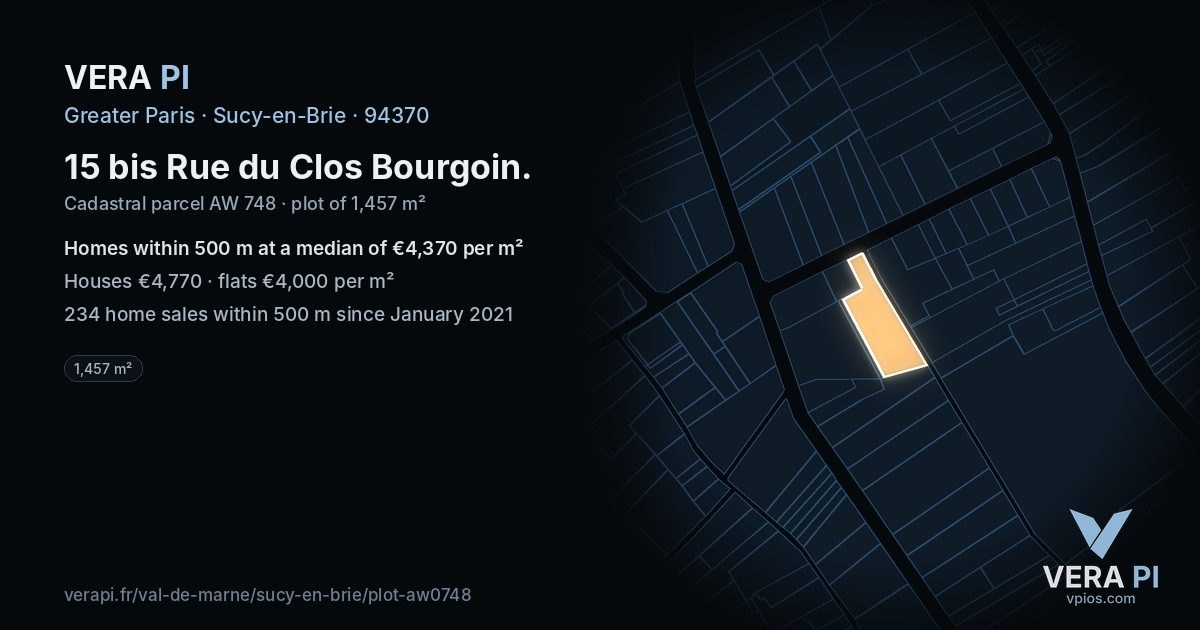 15 bis Rue du Clos Bourgoin, Sucy-en-Brie at night – the plot lit, the parcels around coloured by the prices near them