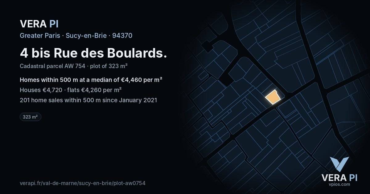 4 bis Rue des Boulards, Sucy-en-Brie at night – the plot lit, the parcels around coloured by the prices near them
