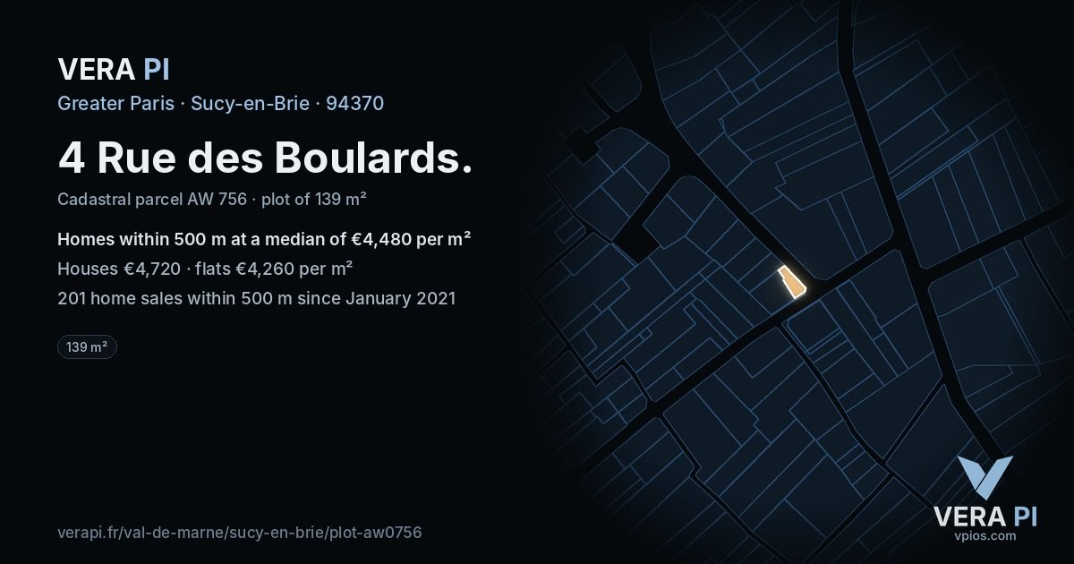 4 Rue des Boulards, Sucy-en-Brie at night – the plot lit, the parcels around coloured by the prices near them