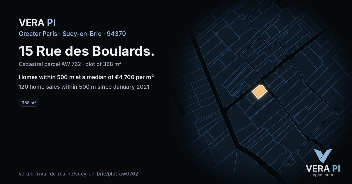 15 Rue des Boulards, Sucy-en-Brie at night – the plot lit, the parcels around coloured by the prices near them