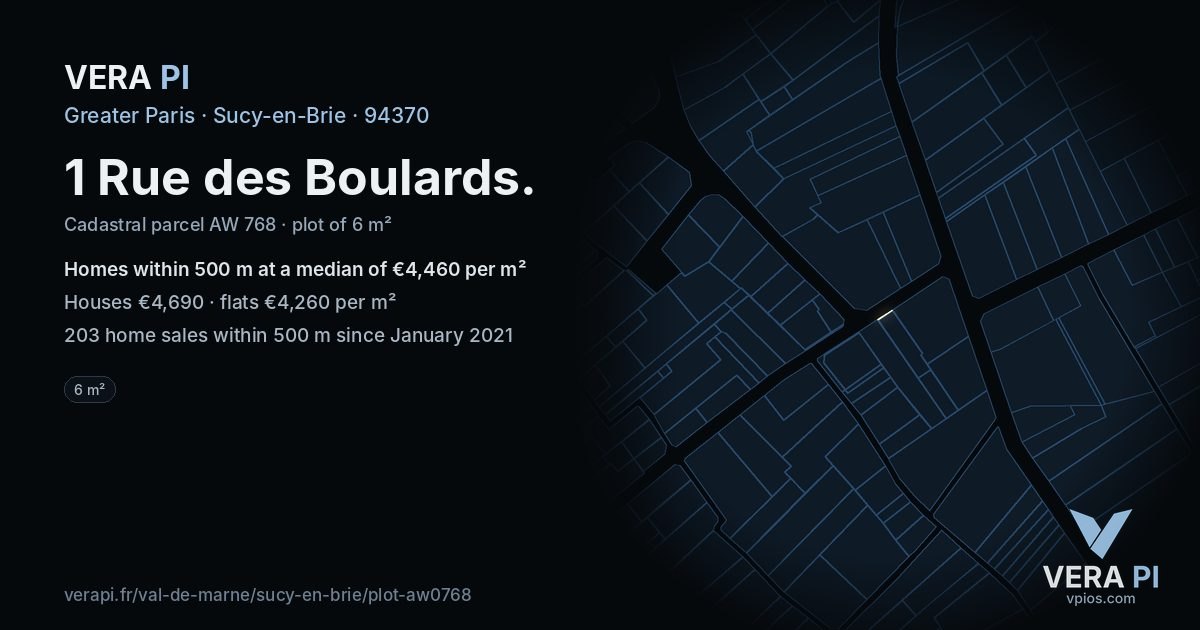 1 Rue des Boulards, Sucy-en-Brie at night – the plot lit, the parcels around coloured by the prices near them