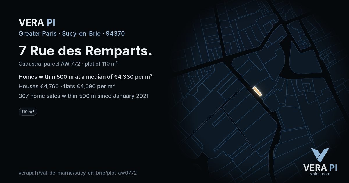 7 Rue des Remparts, Sucy-en-Brie at night – the plot lit, the parcels around coloured by the prices near them