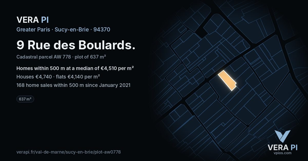 9 Rue des Boulards, Sucy-en-Brie at night – the plot lit, the parcels around coloured by the prices near them