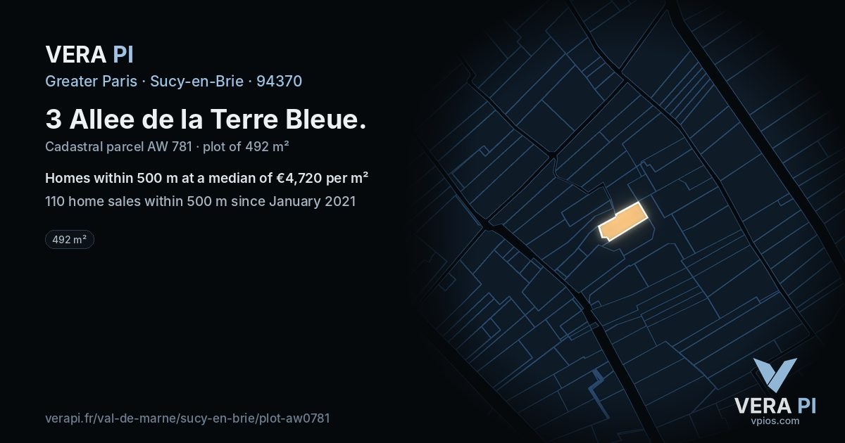 3 Allee de la Terre Bleue, Sucy-en-Brie at night – the plot lit, the parcels around coloured by the prices near them