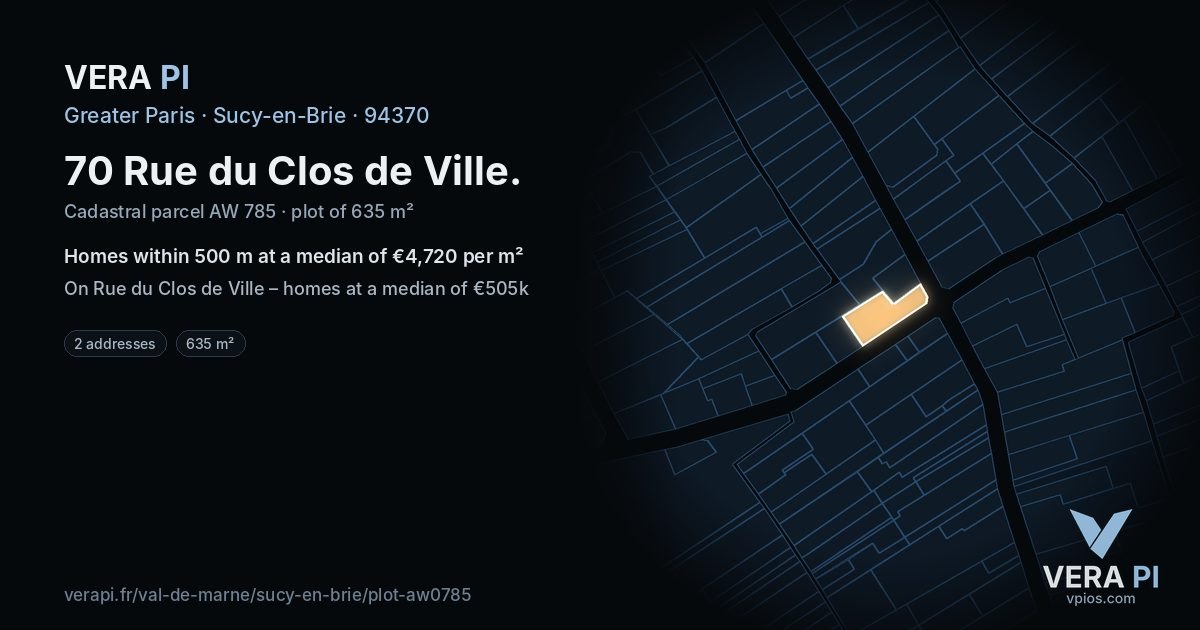 70 Rue du Clos de Ville, Sucy-en-Brie at night – the plot lit, the parcels around coloured by the prices near them