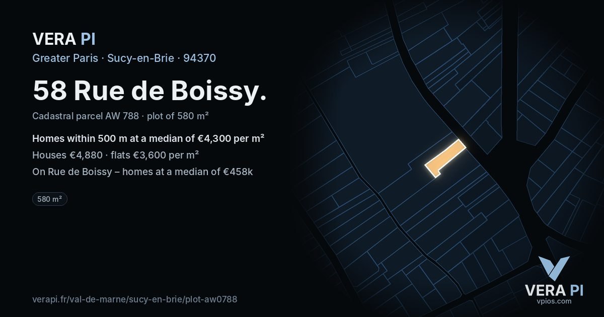 58 Rue de Boissy, Sucy-en-Brie at night – the plot lit, the parcels around coloured by the prices near them