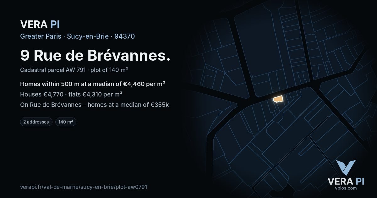 9 Rue de Brévannes, Sucy-en-Brie at night – the plot lit, the parcels around coloured by the prices near them