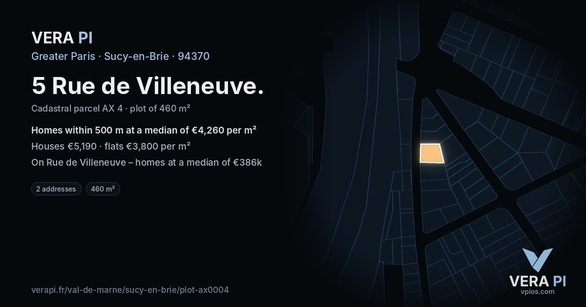5 Rue de Villeneuve, Sucy-en-Brie at night – the plot lit, the parcels around coloured by the prices near them