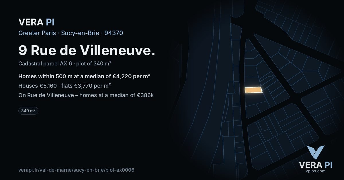9 Rue de Villeneuve, Sucy-en-Brie at night – the plot lit, the parcels around coloured by the prices near them